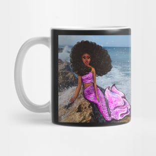Coco the Magical rainbow mermaid with brown eyes, flowing Afro hair and caramel brown skin Mug